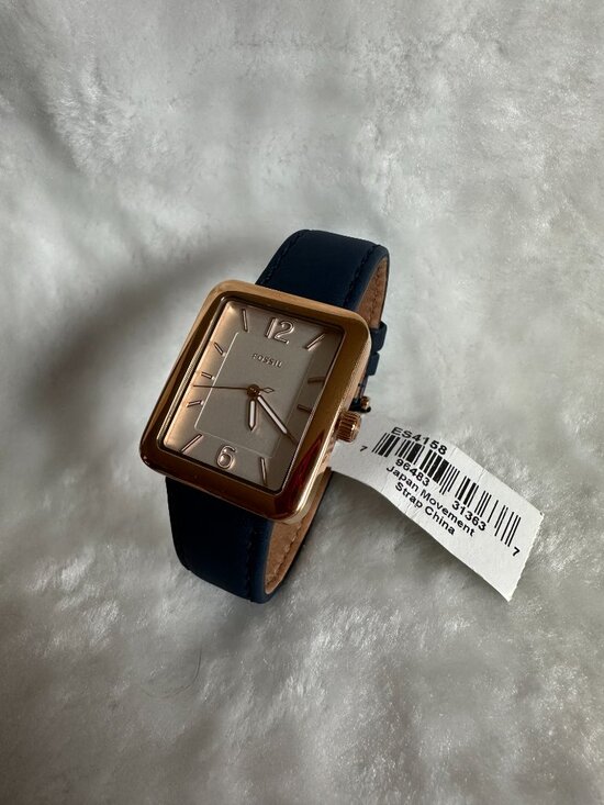 NWT! Fossil ES4158 Raquel Rectangular Watch With Navy Leather Strap In Rose Gold main image 4